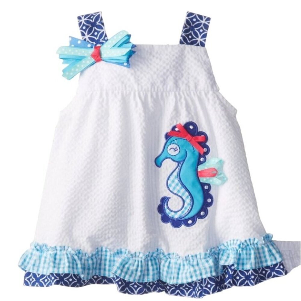 Rare Edition Seersucker Toddler Dress Seahorse Applique ribbon Bow Ruffle Hem 18